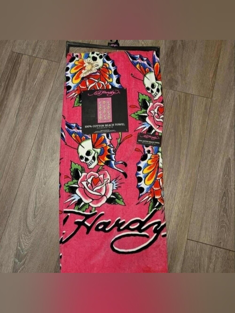 Ed Hardy Women's Pink Skull & Rose Jeans Beach Towel